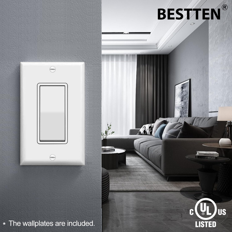 10 Pack Single Pole Decorator Light Switch with Wallplate, 15A 120/277V, Rocker gallery