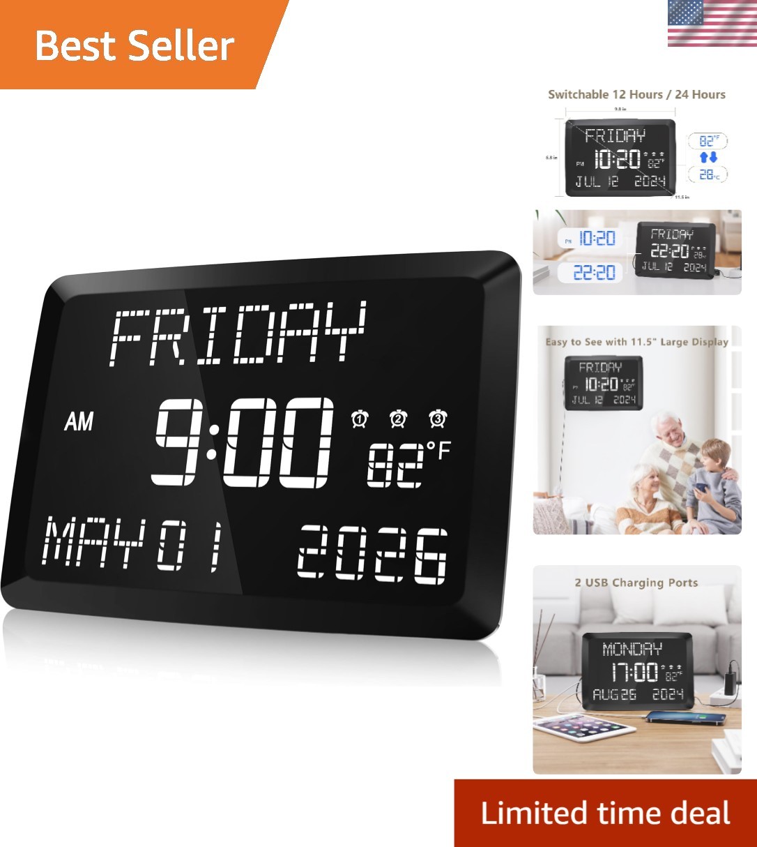 11.5" Large Digital Clock with Adjustable Brightness & 3 Alarm Settings gallery