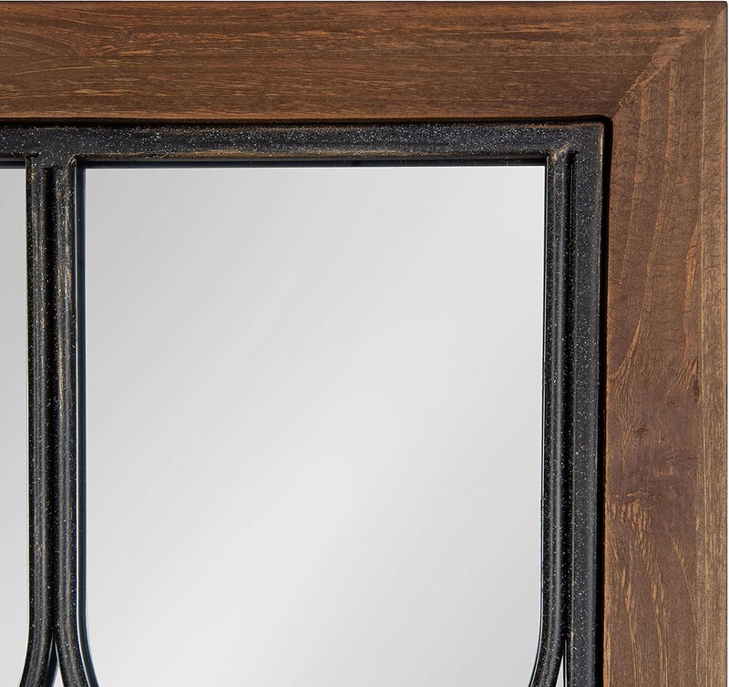 Walnut Brown Rectangle Wall Mirror with Geometric Iron Overlay, 13x30 Inches gallery