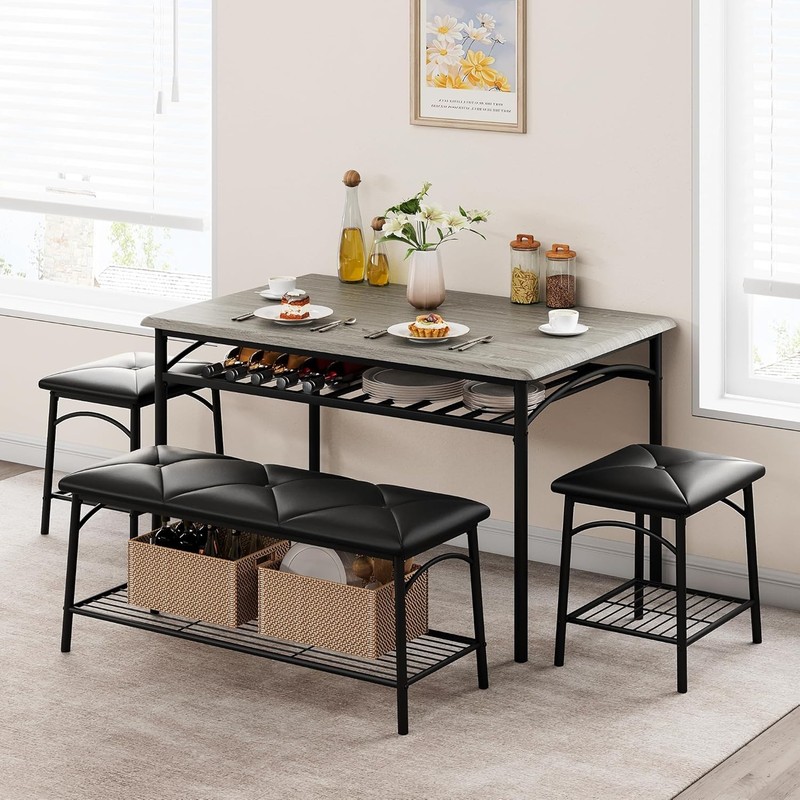 Dining Table with Bench and 2 Square Stools Storage Kitchen Table Set for 4 New gallery