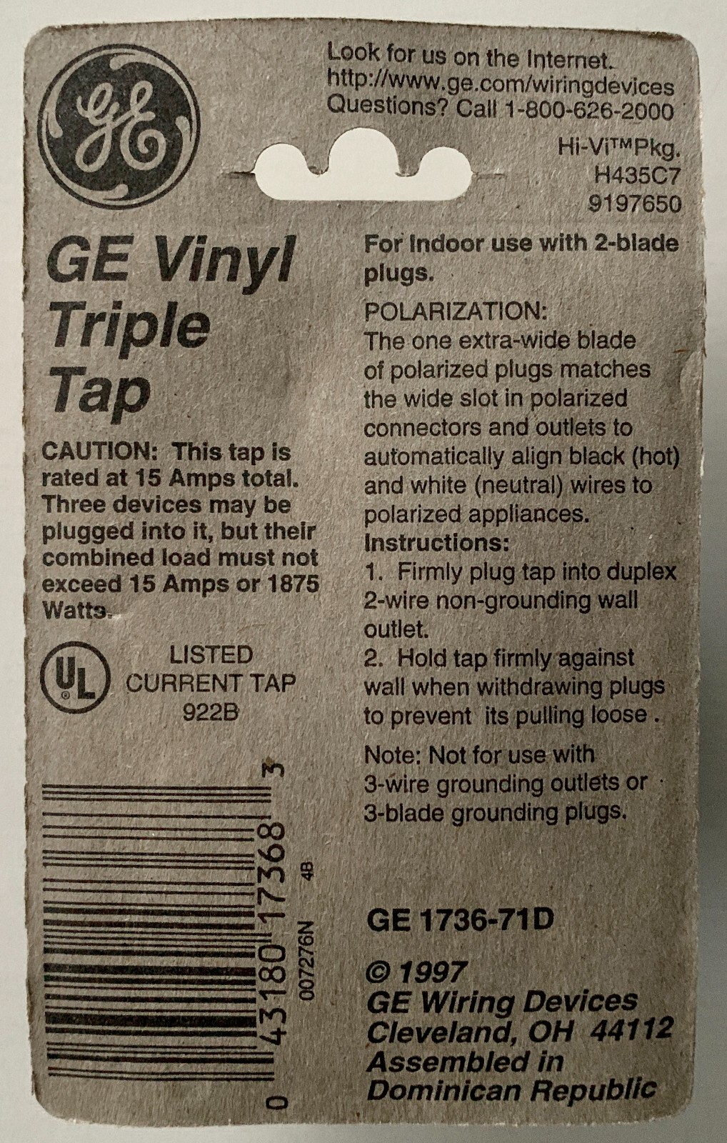 GE White Polarized 3-Outlet Vinyl Triple Tap Adapter 15A 125V Max 1875W 1736-71D gallery