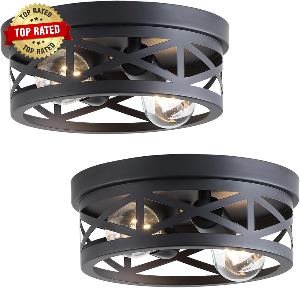 2 Pack Black Farmhouse Flush Mount Ceiling Light 2-Light Rustic Hallway Light Fi