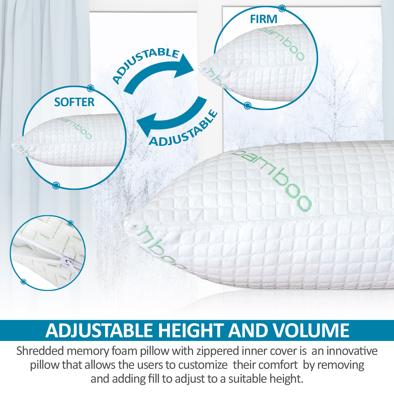 Elif Bamboo Pillows Adjustable Shredded Memory Foam Bed Pillows King or Queen gallery