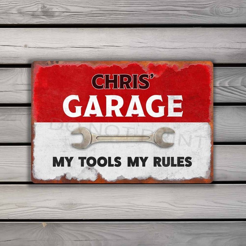 Andrews Garage Sign Personalized Rustic Red OVER White METAL SIGN or DECAL gallery