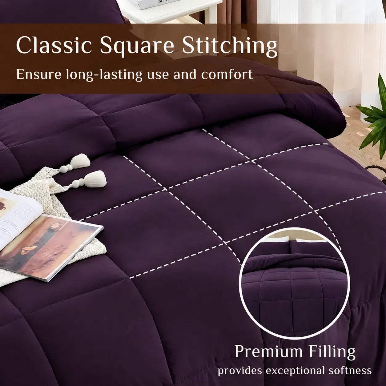 Purple Comforter Set Twin Queen King - Soft Microfiber Square Stitch Bedding gallery