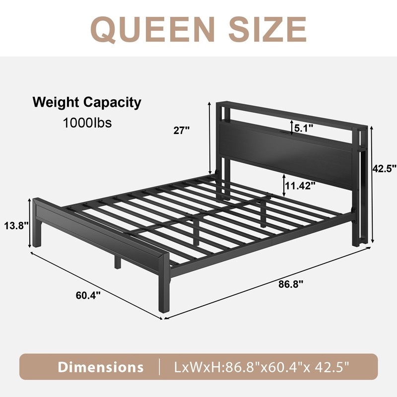 Queen Metal Platform Bed Frame with LED Lights Headboard and Charging Station gallery