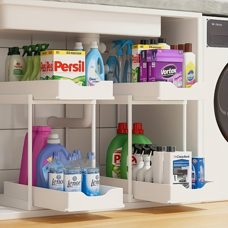 2Pcs White 2-Tier Pull Out Storage Shelf Kitchen Bathroom Counter Organizer gallery