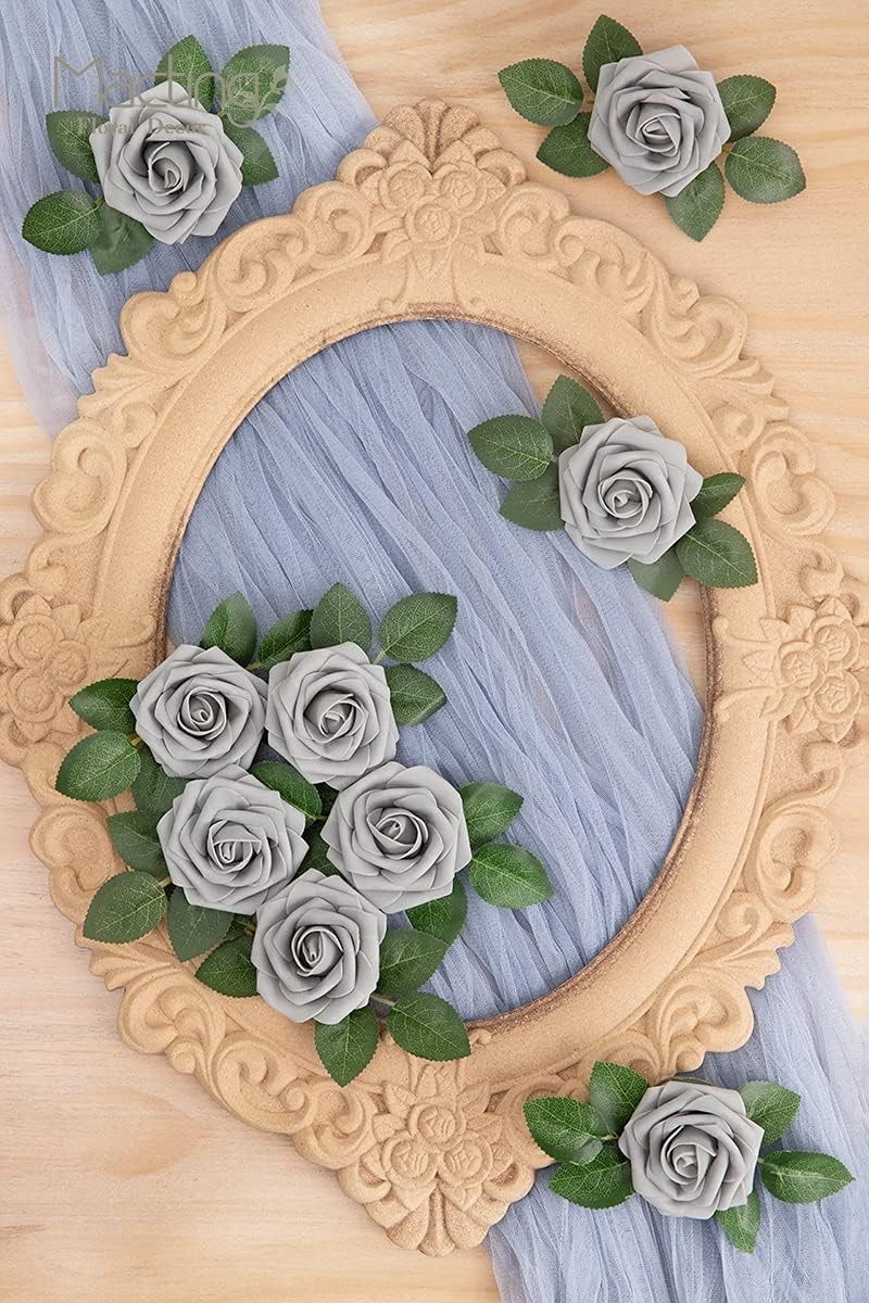 30PCS Artificial Rose Flowers Fake Flowers with Stem Real Touch Foam Roses(Grey) gallery