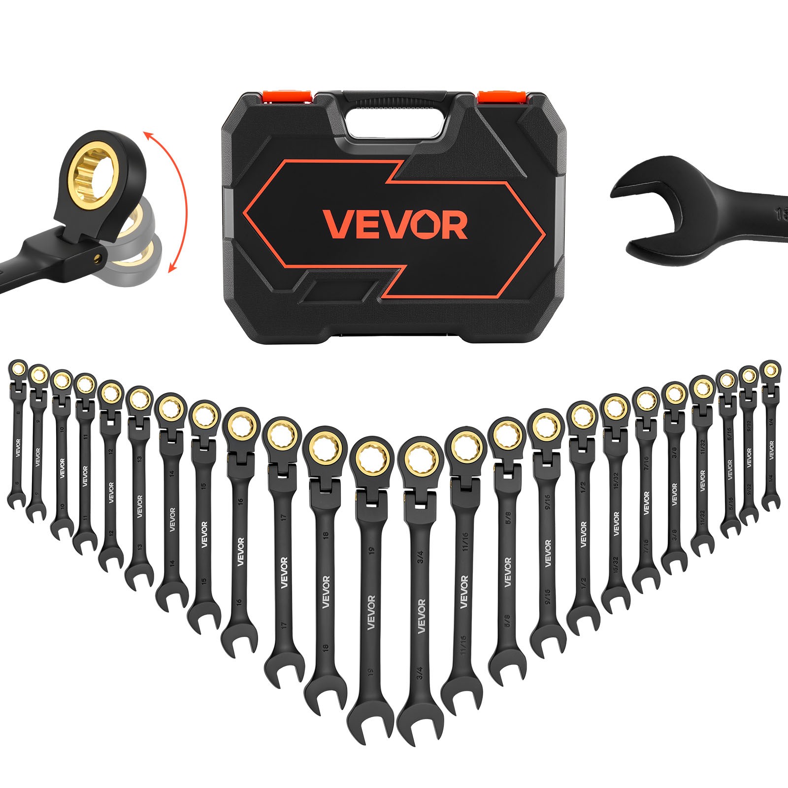 VEVOR Flex-Head Ratcheting Wrench Set Combination Wrench Set 24-Piece Black gallery