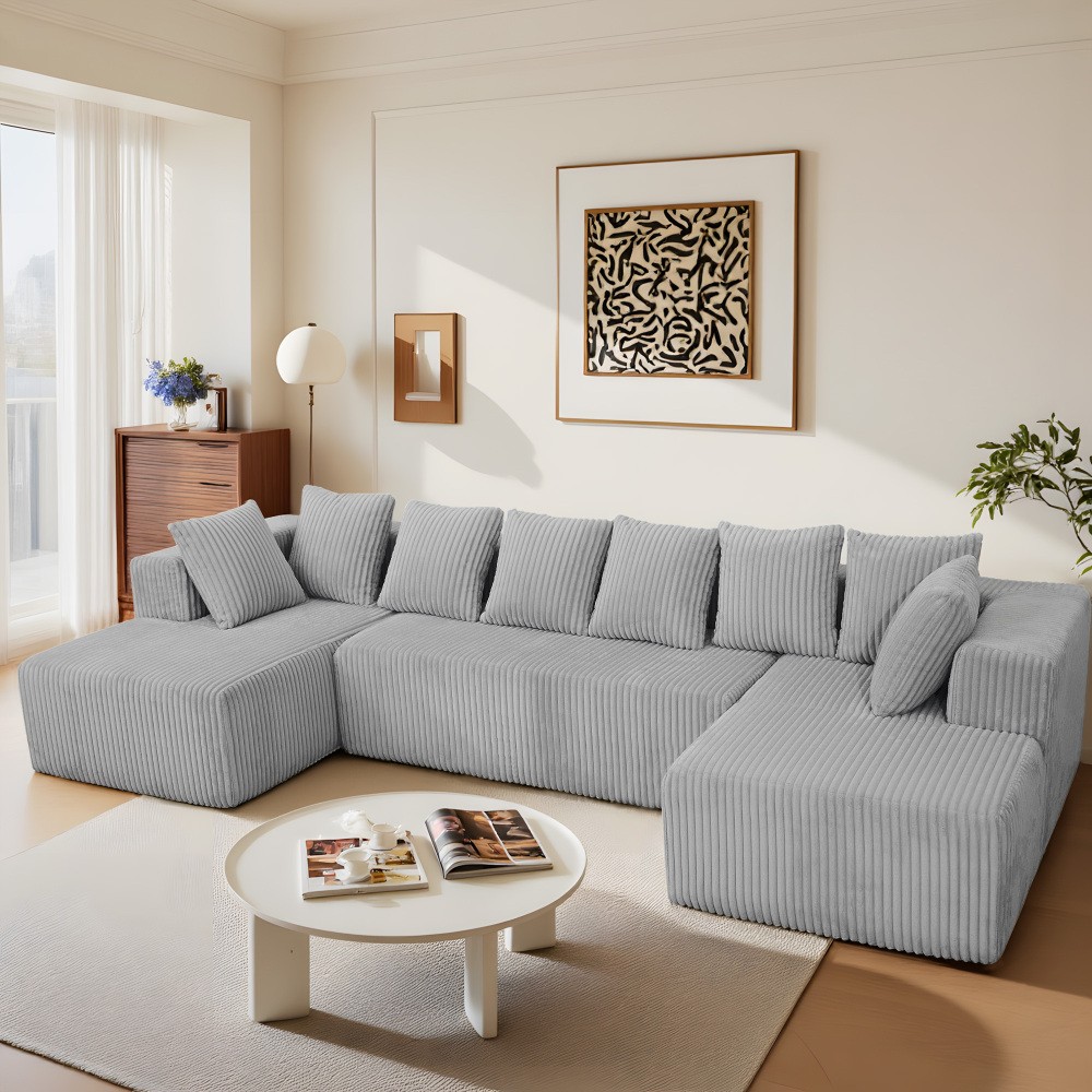 130" Cloud Corduroy U-Shaped Modular Sofa, No Assembly, Beige