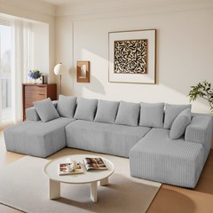130″ Cloud Corduroy U-Shaped Modular Sofa, No Assembly, Beige