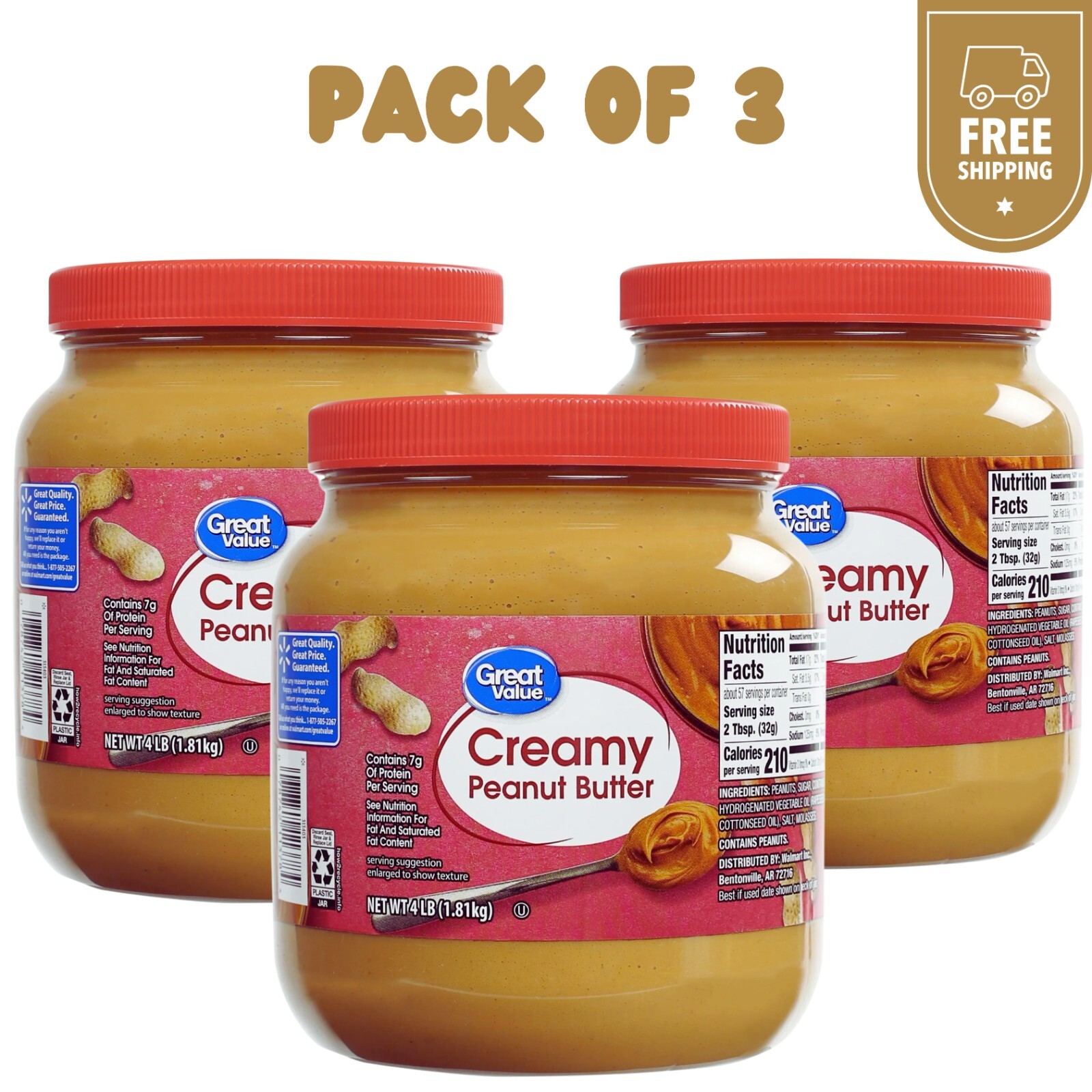 Great Value Creamy Peanut Butter, Spread, 64 oz Jar (3 Pack) gallery