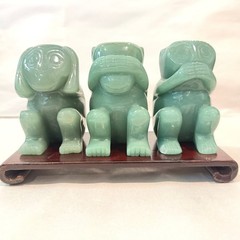 Carved Green Hardstone Three Wise Monkeys Figurine Set Hardwood Stand 4 lbs
