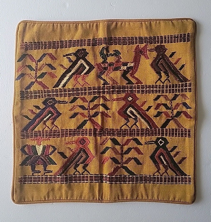 Unique Vintage Peruvian Style Woven Pillowcase | Tribal Bird Art Decor 16.5". gallery