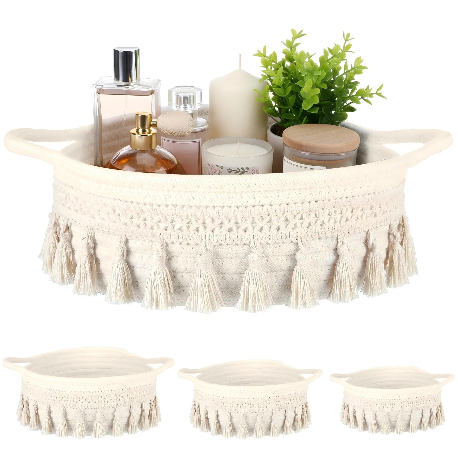 3 Pcs Round Hand Woven Storage Basket with Handle Multi-size Cotton Rope Smal... gallery