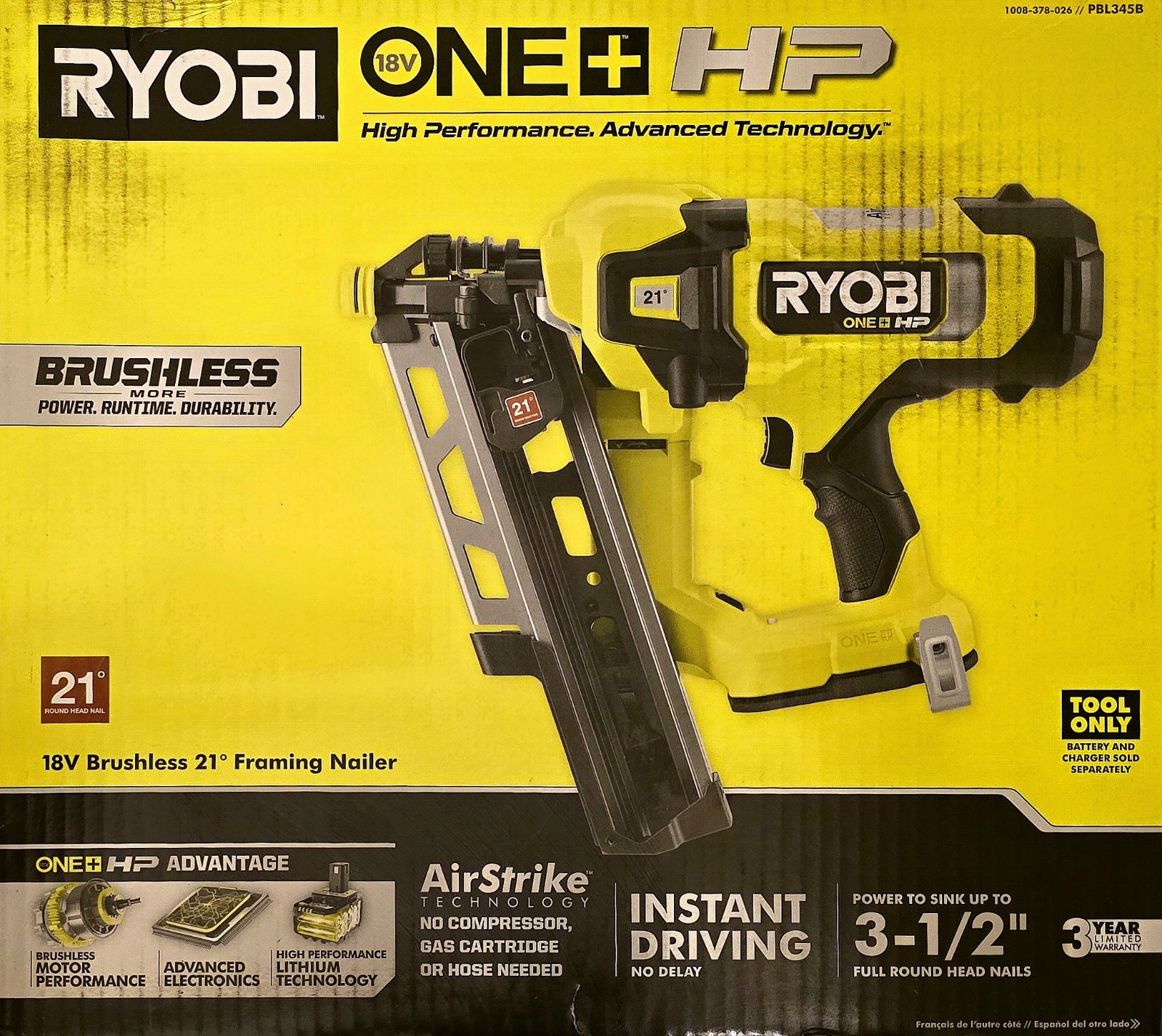 Ryobi ONE+ HP 18V Brushless 21° Framing Nailer 3-1/2" Battery Lithium-Ion gallery