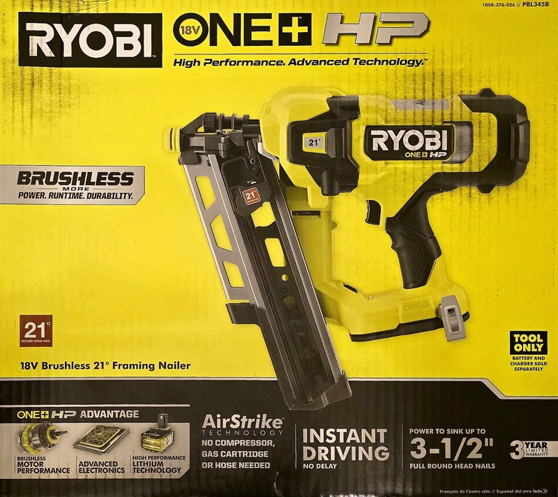 Ryobi ONE+ HP 18V Brushless 21° Framing Nailer 3-1/2" Battery Lithium-Ion gallery