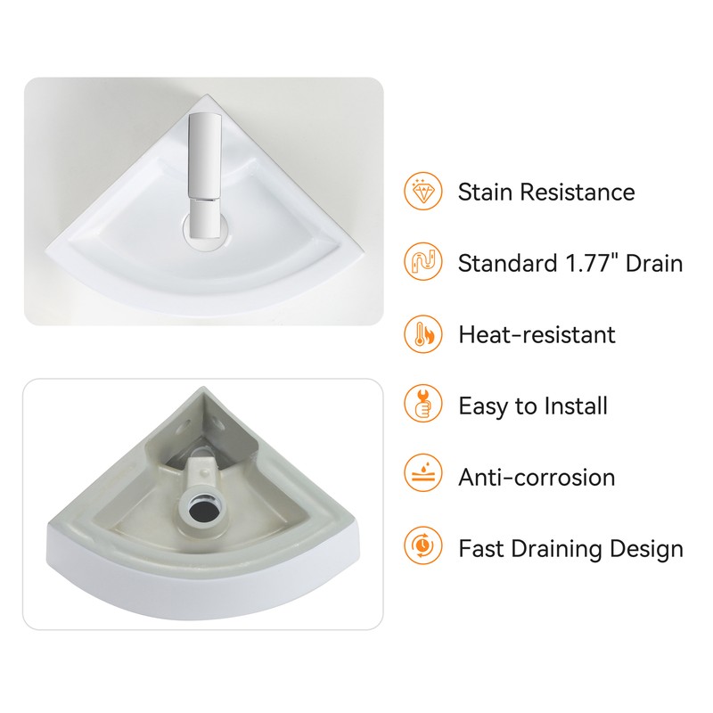 18"x13" Corner Sink Wall Mount Triangle Bathroom Sink Small White Basin Ceramic gallery
