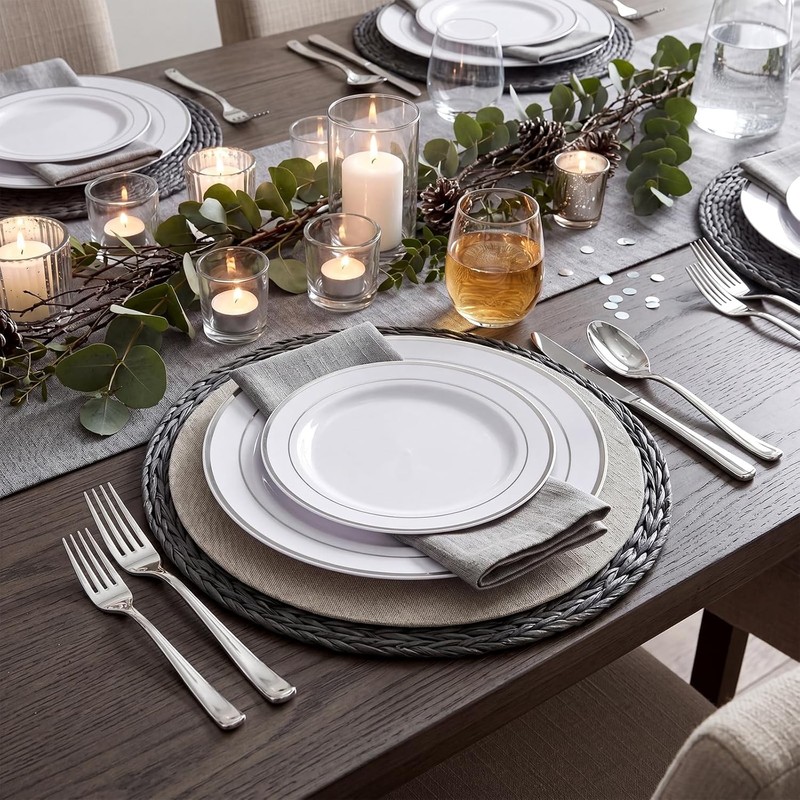 Disposable Plastic Plates White Silver Rim 120PCS Plates Party Tableware gallery
