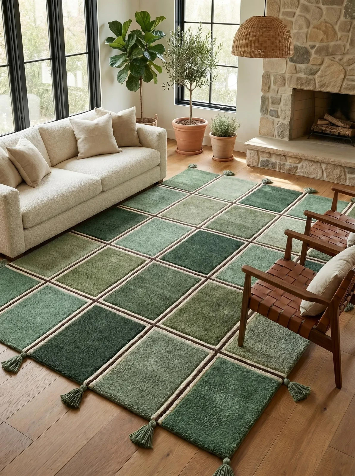 Hand Tufted Green Checkered Rug, Modern Farmhouse Area Rug, Sage Green Grid Rug gallery