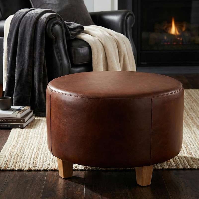William 100% Genuine Leather Round Ottoman in Rich Brown gallery