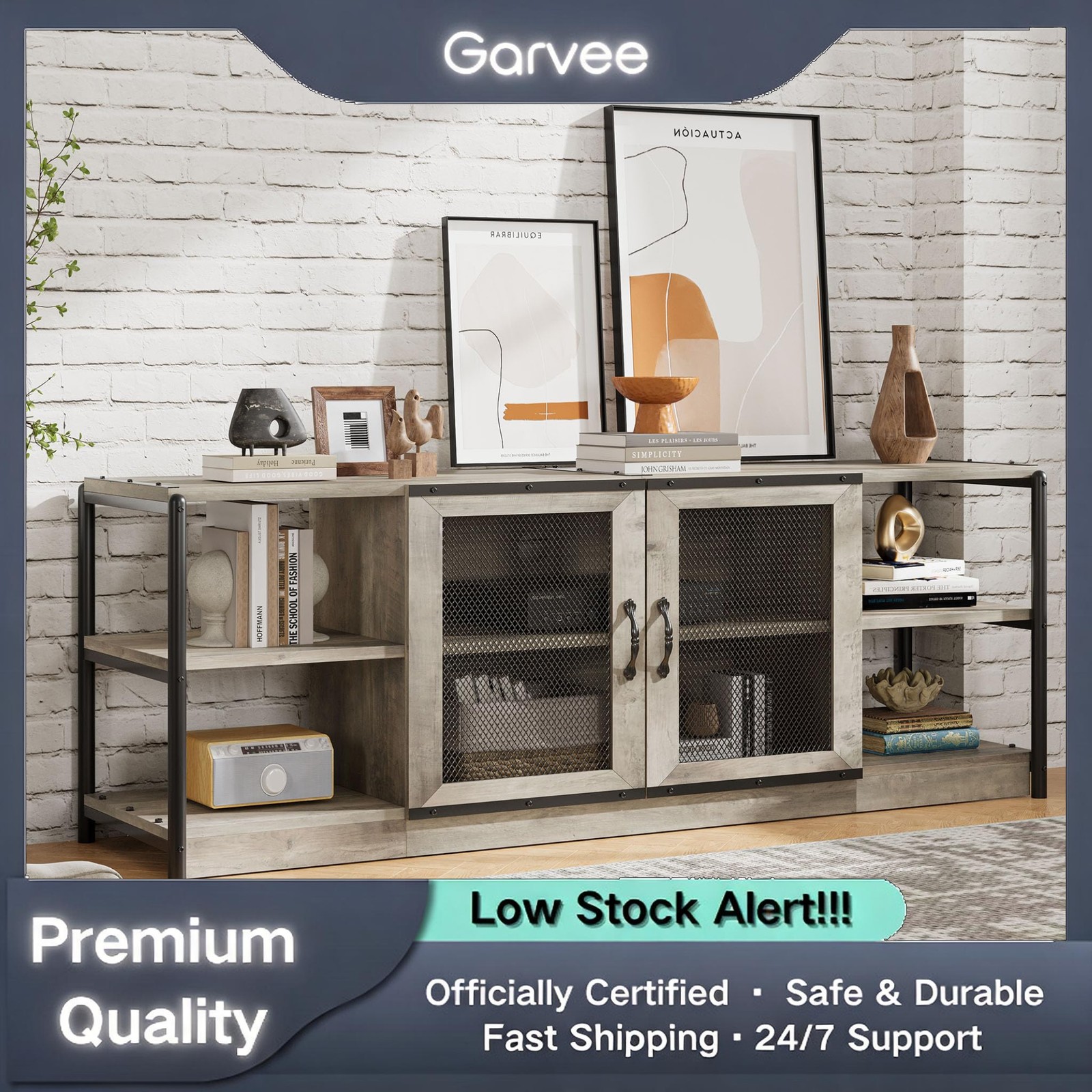 75/80 Inch Industrial TV Stand Double Mesh Doors Storage Cabinet Rustic Media gallery