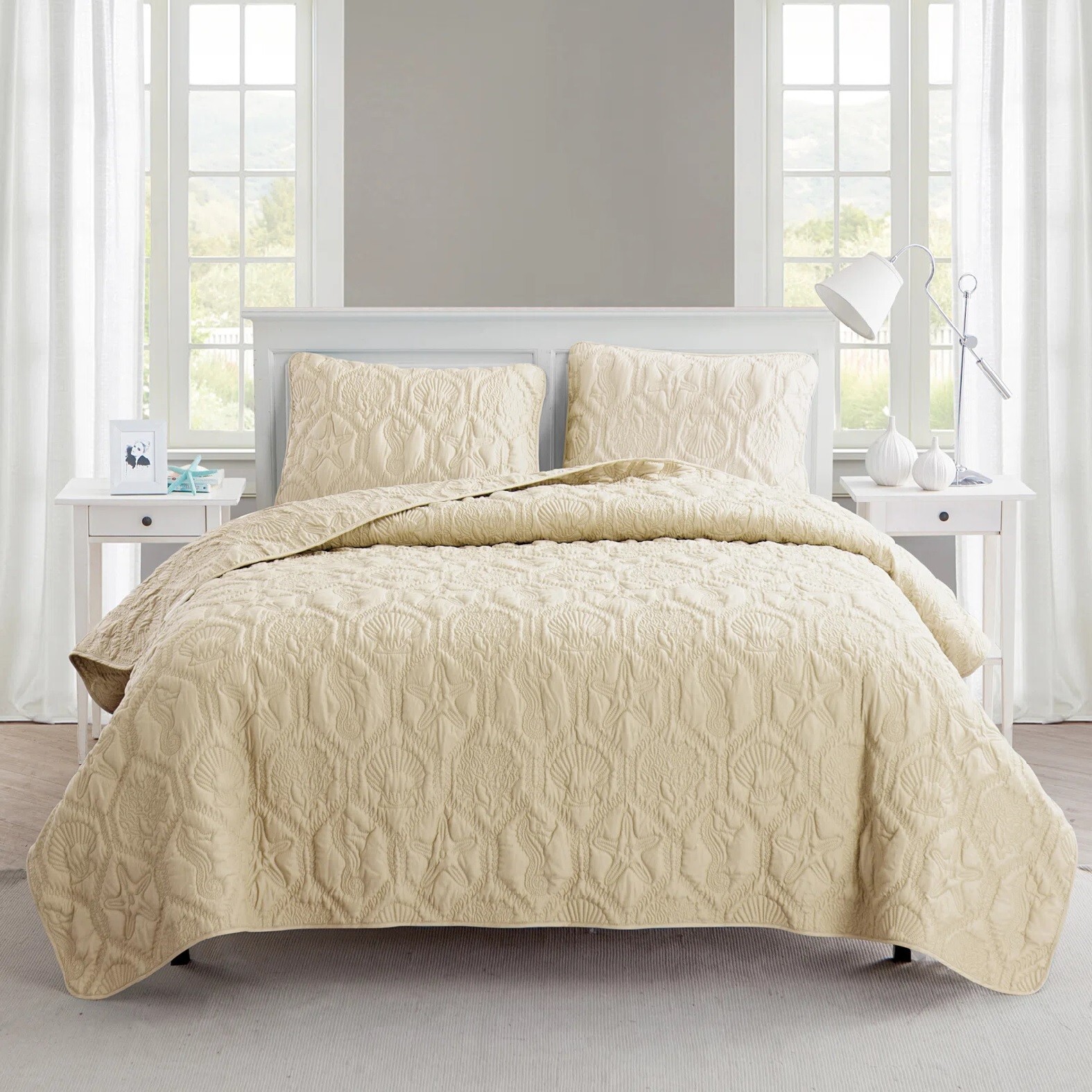 Coastal Quilt Set King Tan Sand Shell Ocean Sea Horse Pillow Shams Bedding Cover gallery