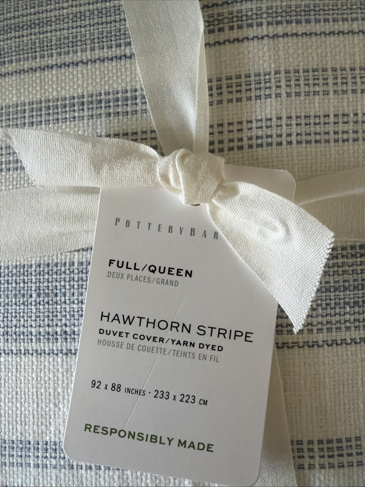3 PCs Set POTTERY BARN HAWTHORN STRIPE QUEEN DUVET COVER + 2 STND SHAMS CHAMBRAY gallery