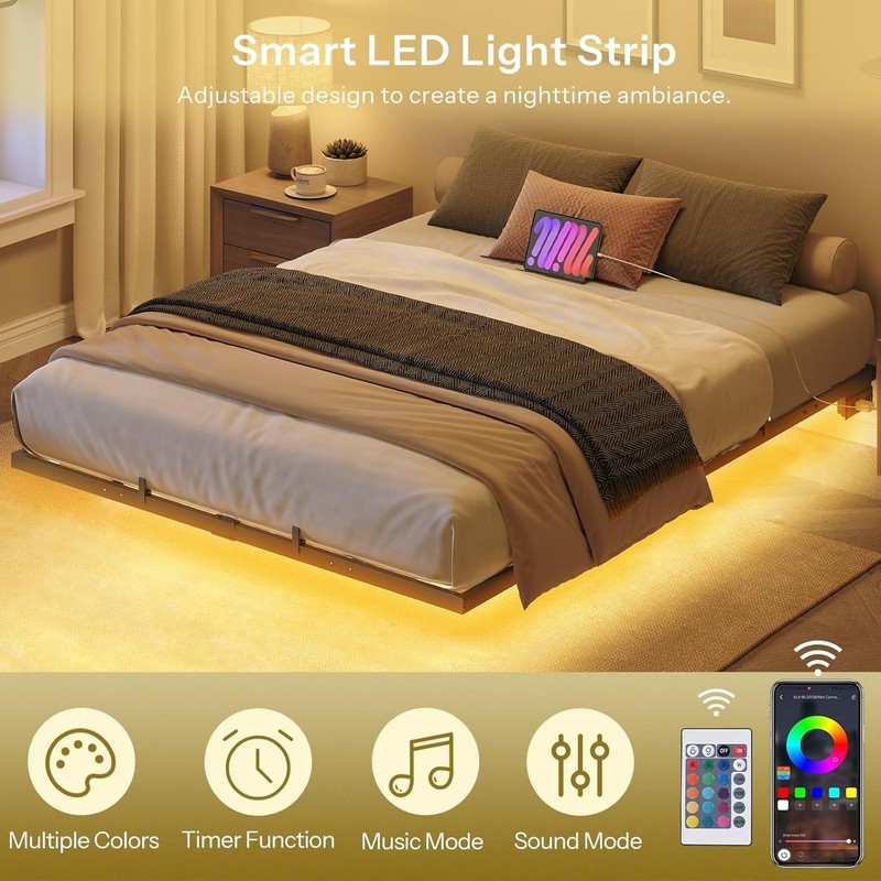 Full Size Floating Bed Frame with LED Lights Charging Ports Metal Platform Black gallery