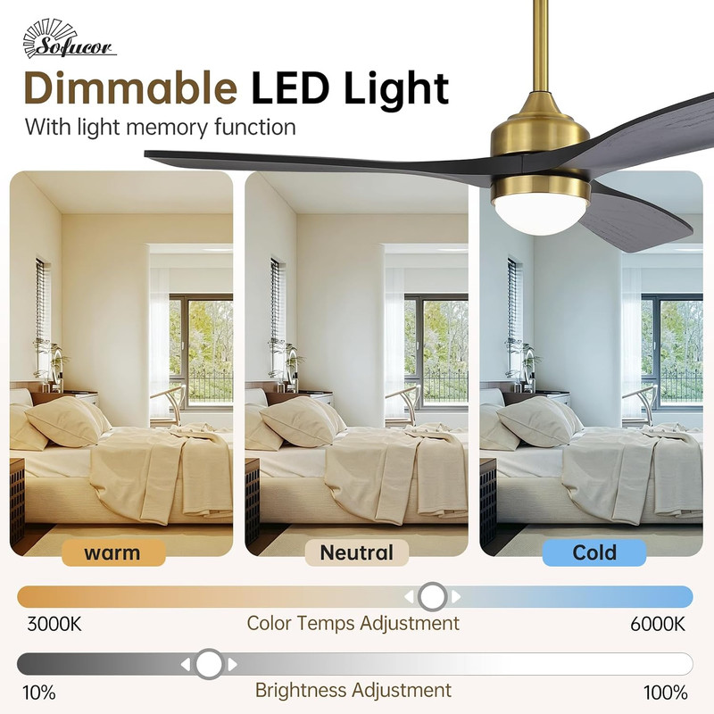 Sofucor 52" Solid Wood Ceiling Fan Lights, Flush Mount & Downrod Mount Ceiling F gallery