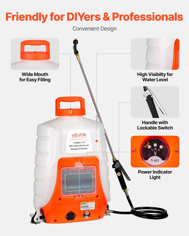 VEVOR Battery Powered Backpack Sprayer 4 Gal Tank 0-90 PSI Adjustable Pressure gallery
