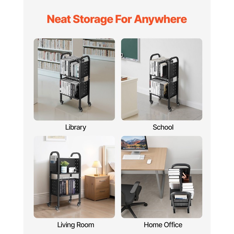 2-Tier Rolling Book Cart Double Sided L-Shaped Shelves Book Truck in Black gallery