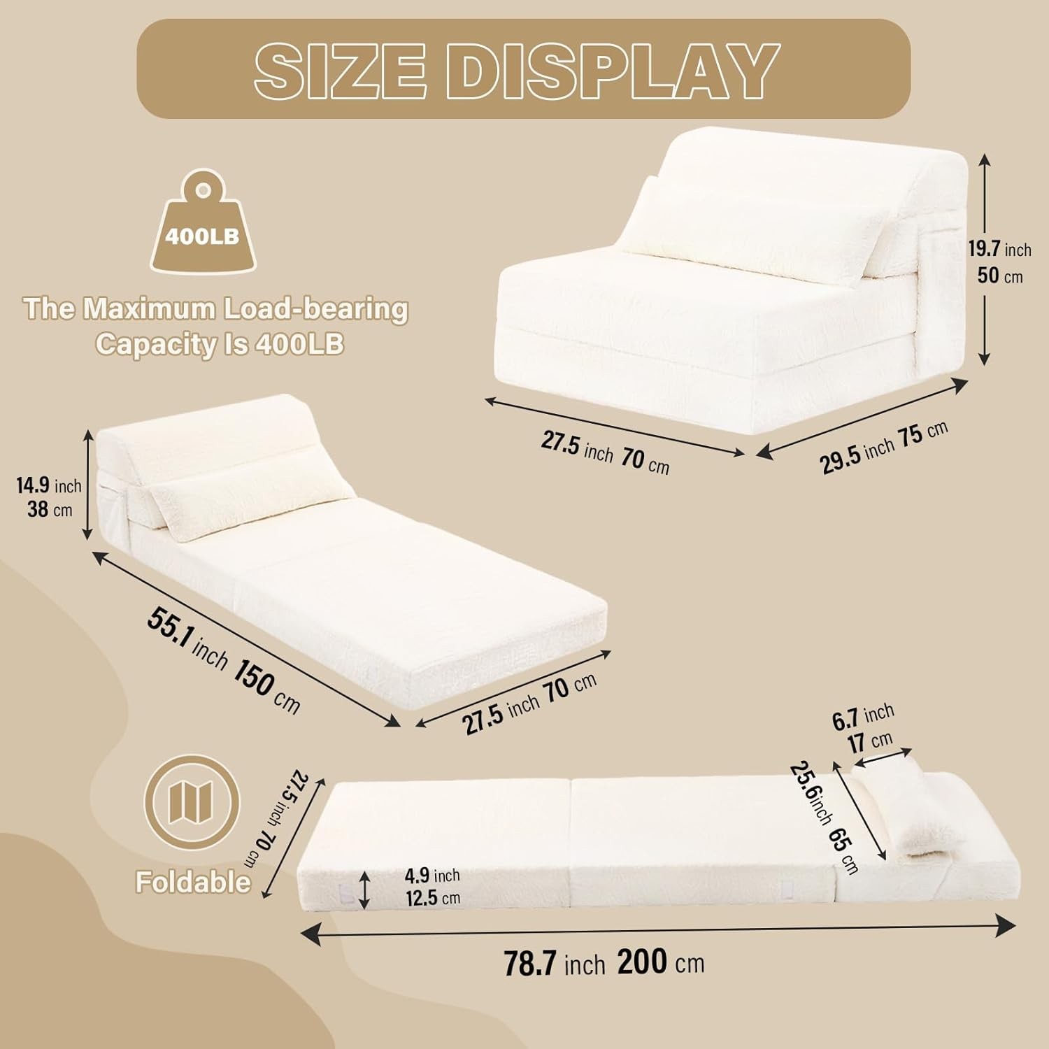 Convertible Folding Sofa Bed Single Size for Adults w/ Pillow Plush Fabric Beige gallery