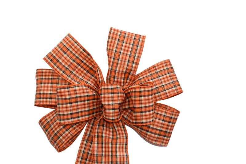 Large 10" Hand Made Bow - Wired Linen - Orange Rust Fall Plaid - Fabric Ribbon gallery