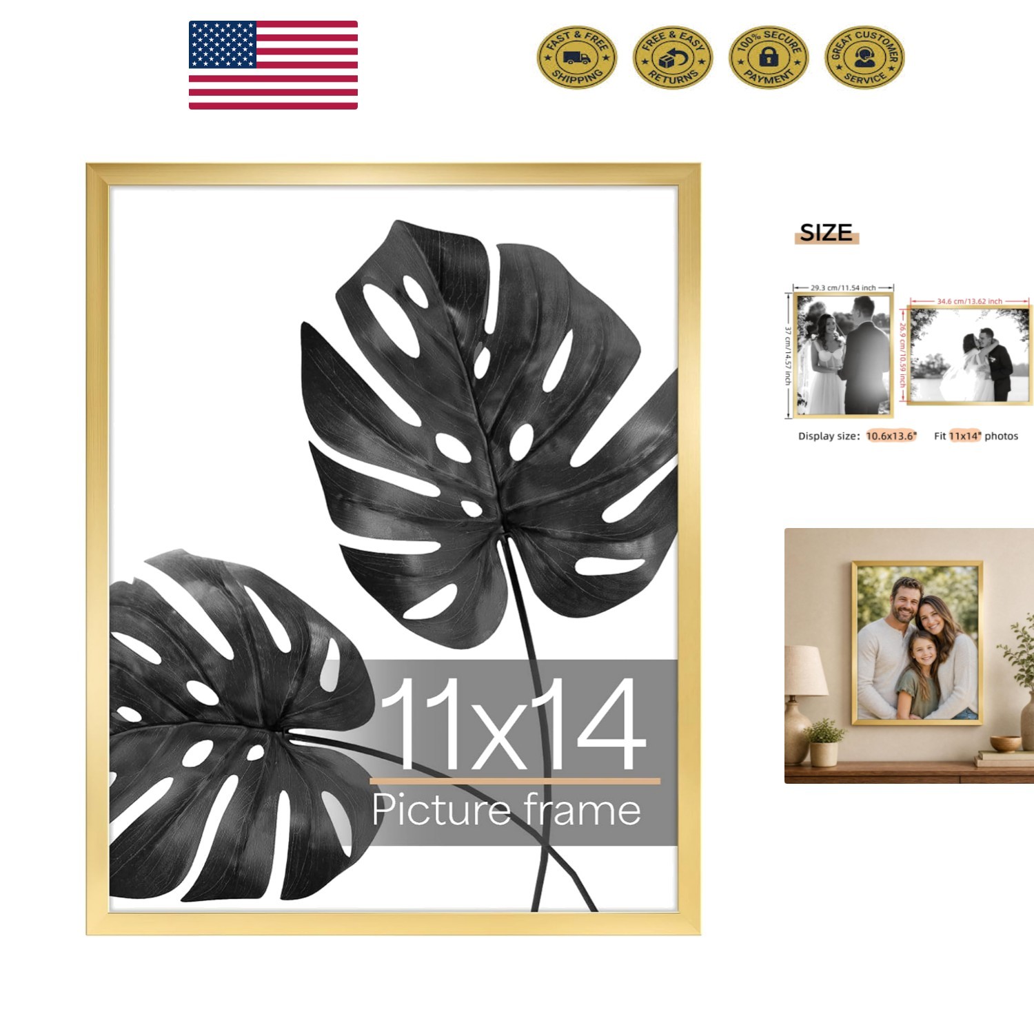 Elegant 11x14 Gold Picture Frame - Minimalist Design for Wall Mount Display gallery