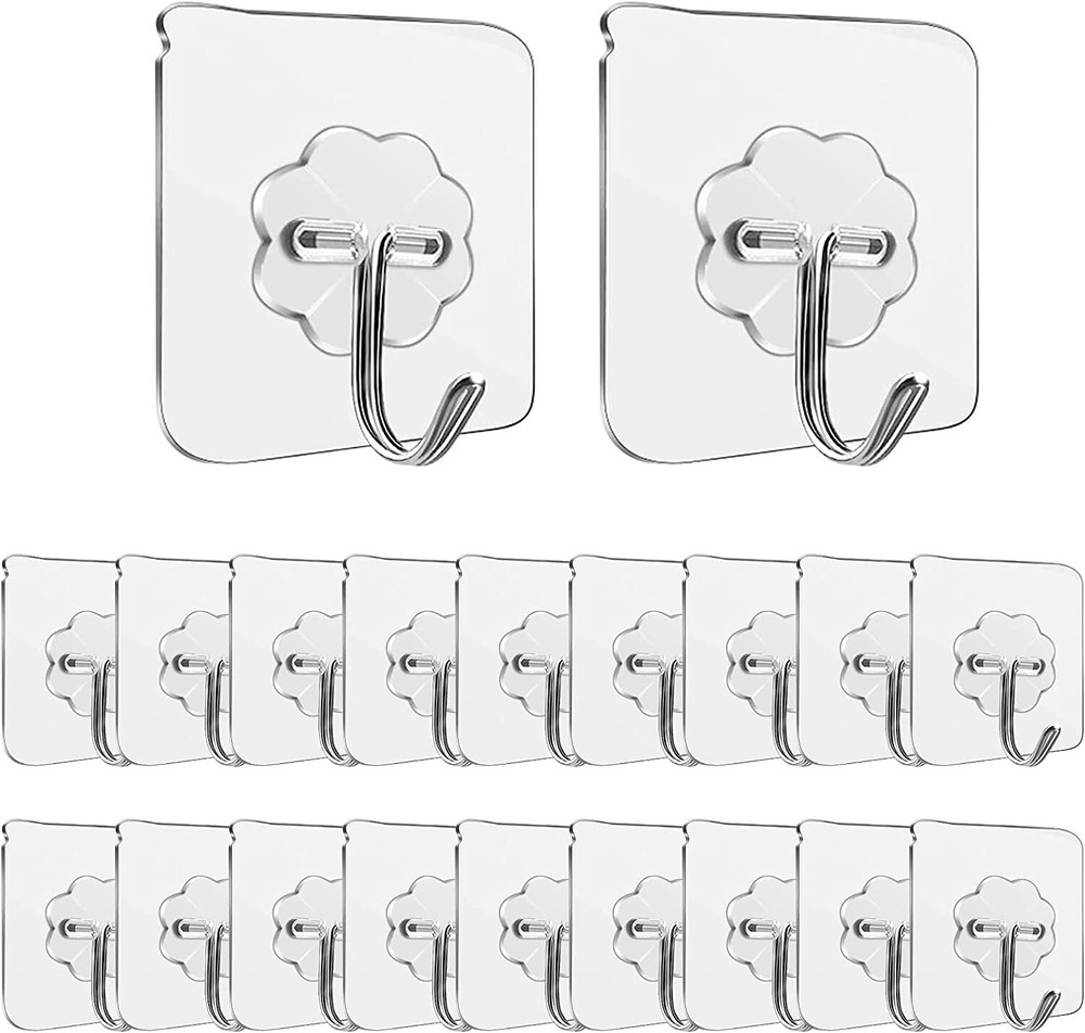Adhesive Hooks, 20-Pack Kitchen Wall Hooks, Wall Hook Heavy Duty（22 Lbs）Max，Reus