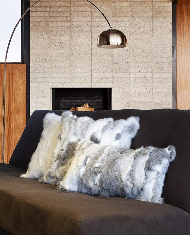2PCS Natural Rabbitd Hide Fur Pillowcase Cushion Cover Throw Striped Grey Brown gallery