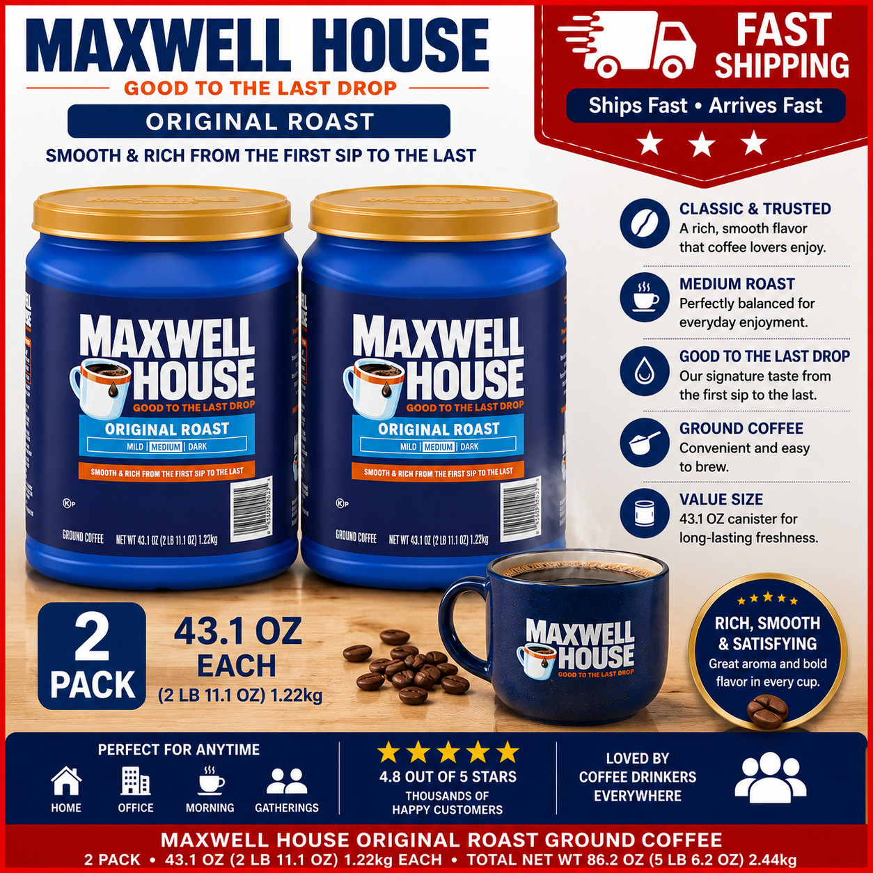 2PACK Maxwell House Original Roast Medium Ground Coffee 43.1oz gallery