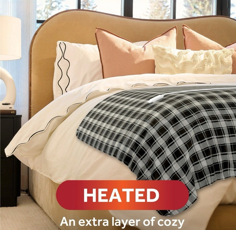 Sunbeam Microplush Sherpa Heated Throw Blanket Black & White Plaid 50x60” gallery