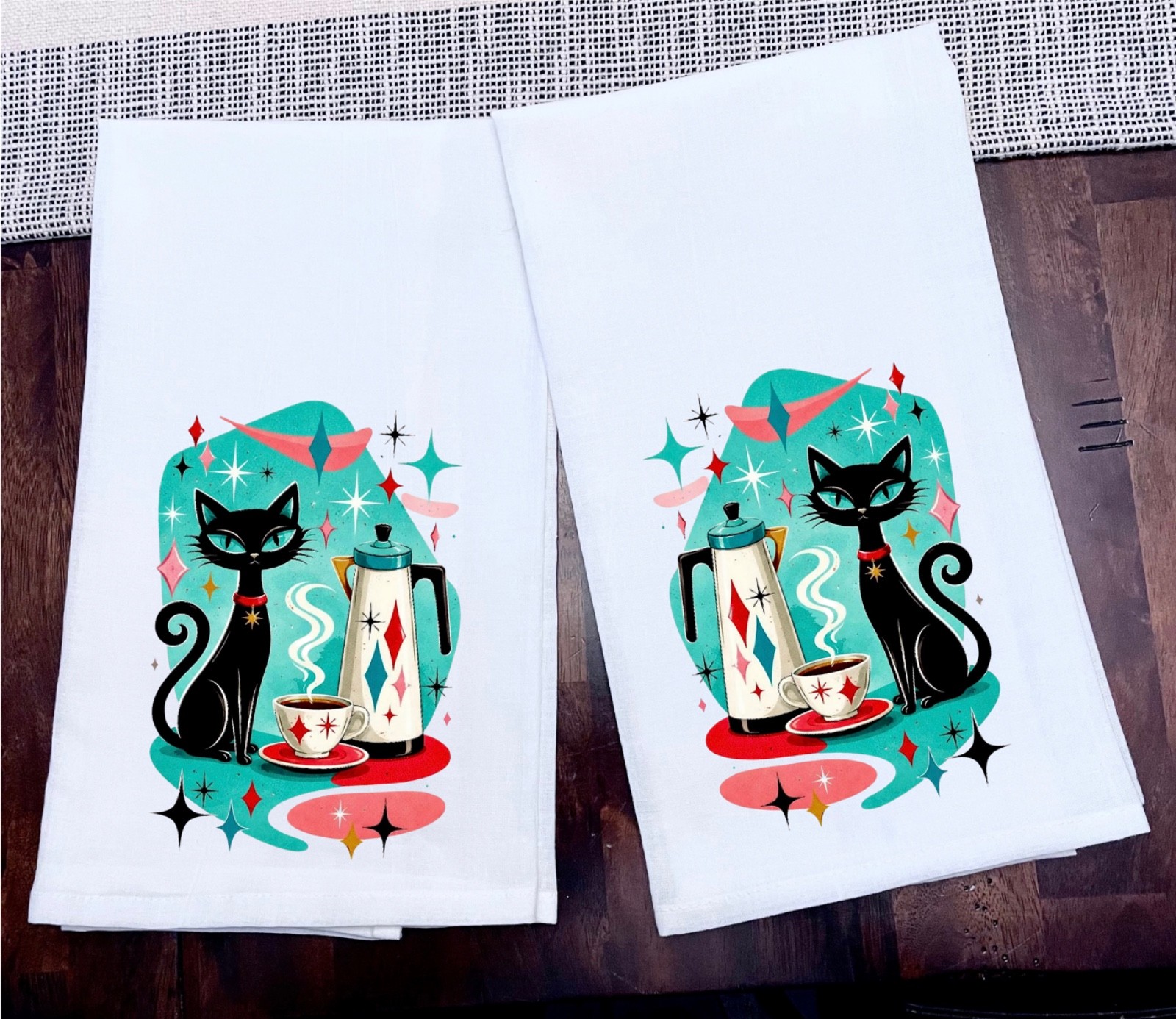 MCM Atomic Cat Coffee Pot Kitchen Towels Ink on 100% Cotton Size 28x28 Set of 2 gallery