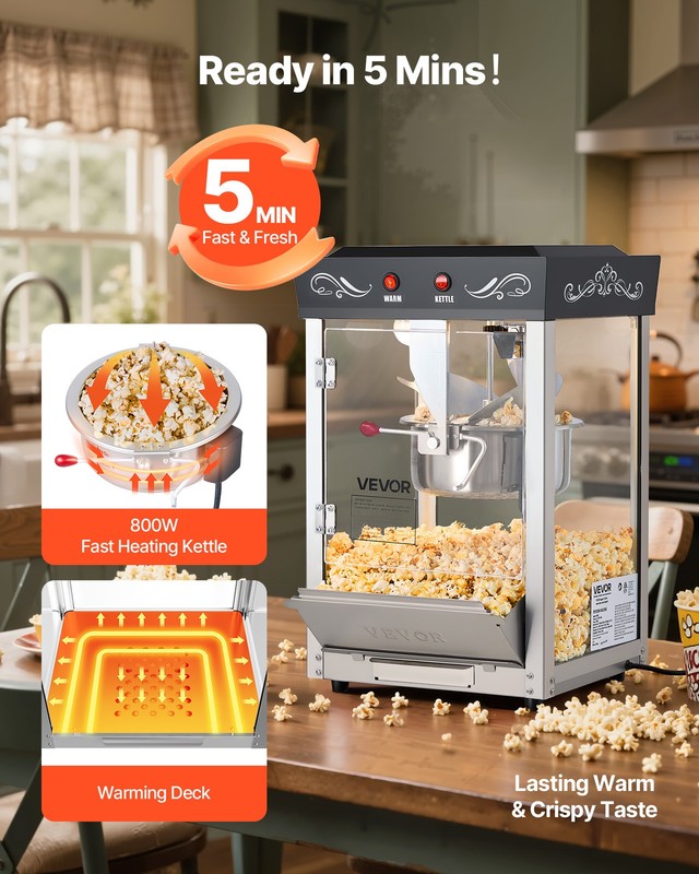 VEVOR Popcorn Machine Countertop Popper Maker 800W 8oz Kettle 48 Cups Black gallery
