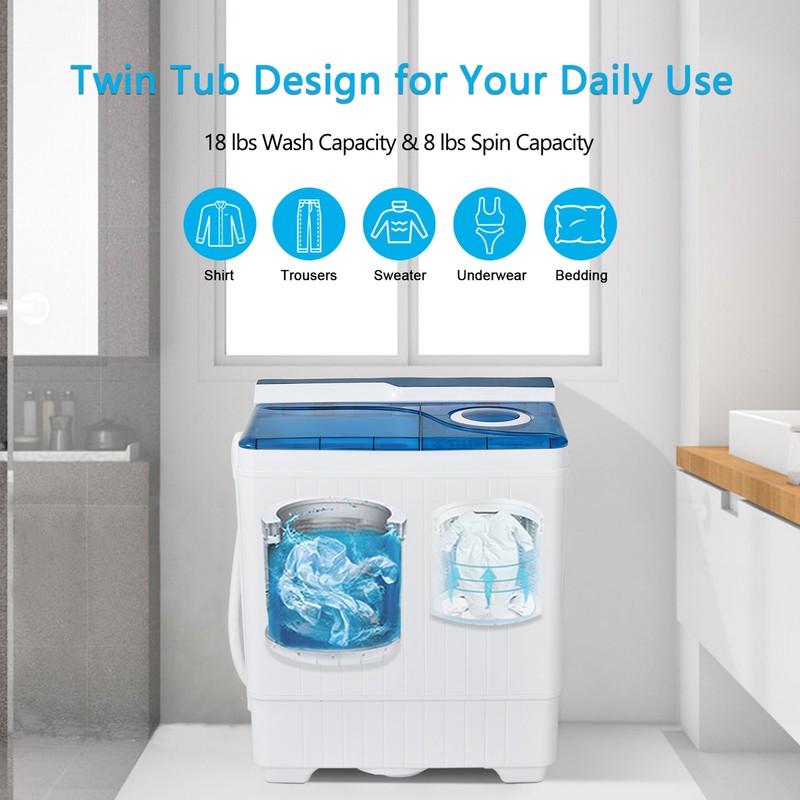 Portable Semi-automatic Washing Machine 26 lbs Twin Tub Laundry Washer Blue gallery