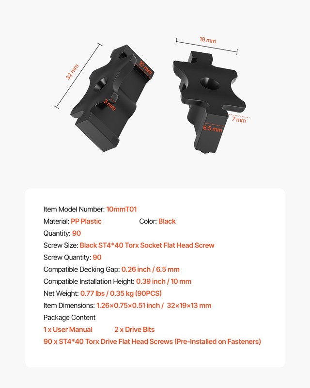 VEVOR 90PCS Hidden Deck Fasteners for Composite Decking Universal T Clips Black gallery