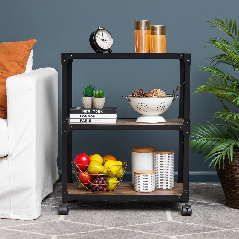 Brown 3-Tier Mobile Rolling Storage Cart, Metal & MDF for Office Organizer gallery