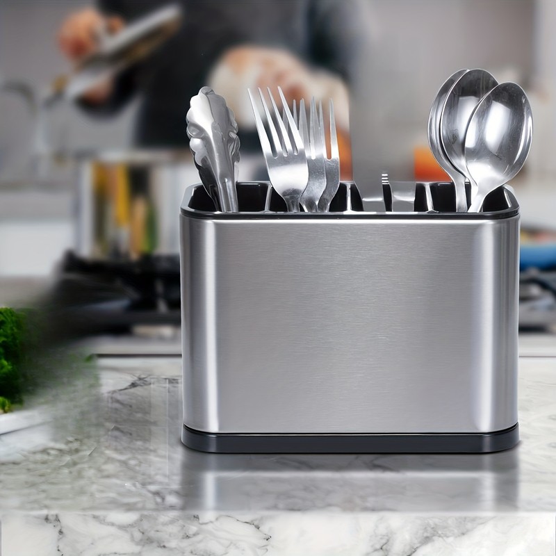 Stainless Steel Cutlery Rack,Drainable,Metal and Plastic Kitchen Utensil Storage gallery