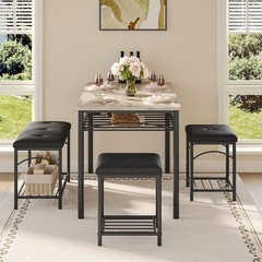 Dining Table Set for 4 with Upholstered Benches and 2 Stools, Modern Space Sa…
