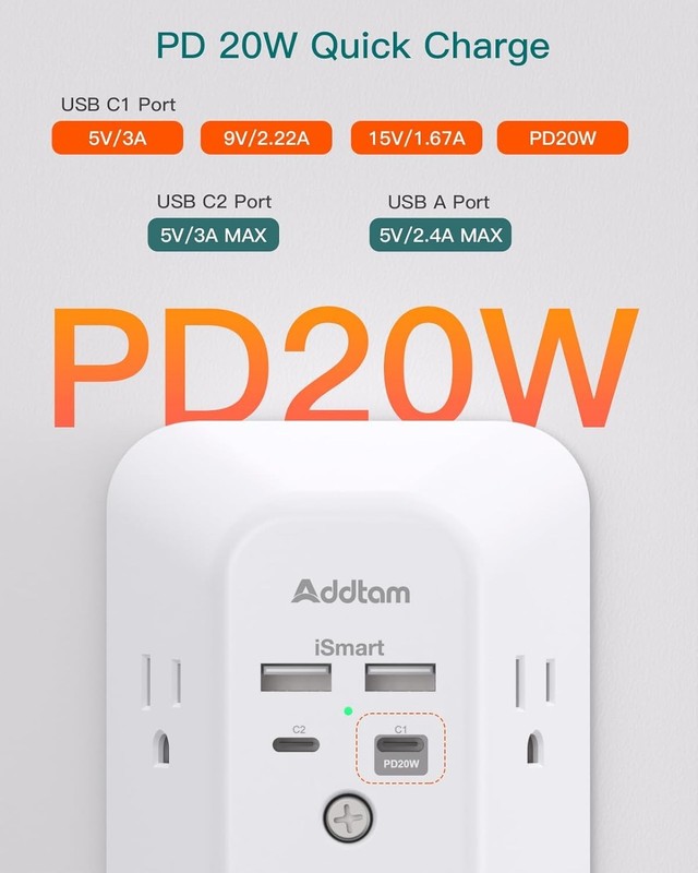 Multi Plug Outlet Surge Protector - POWSAF 5 Outlet Extender with 4 USB Ports(2 gallery
