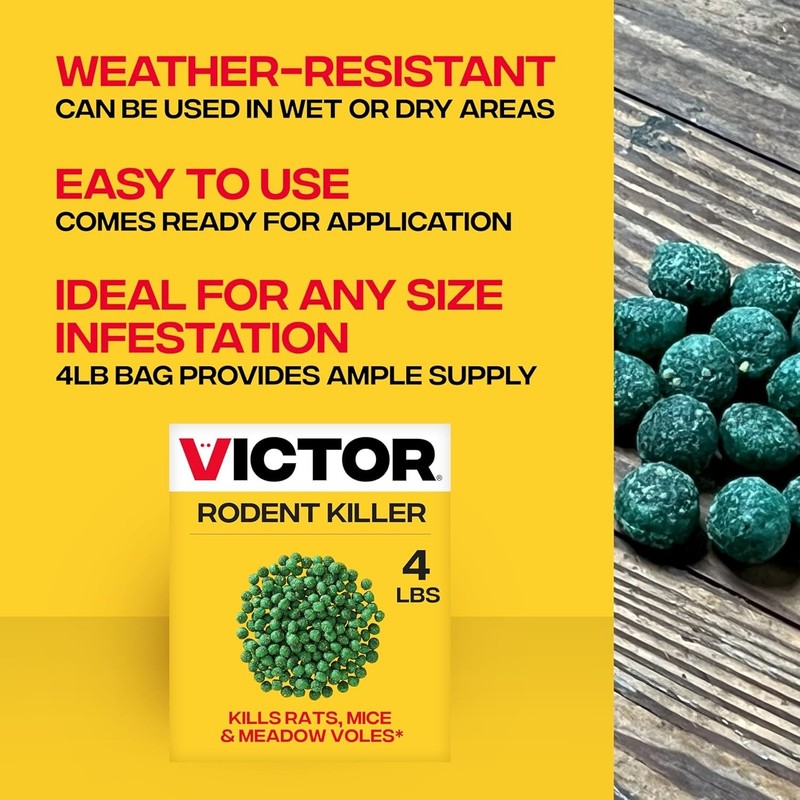 Victor Rat Poisoning for Inside & Outside Use - Kills Rats, Mice, 4 lb, Green gallery