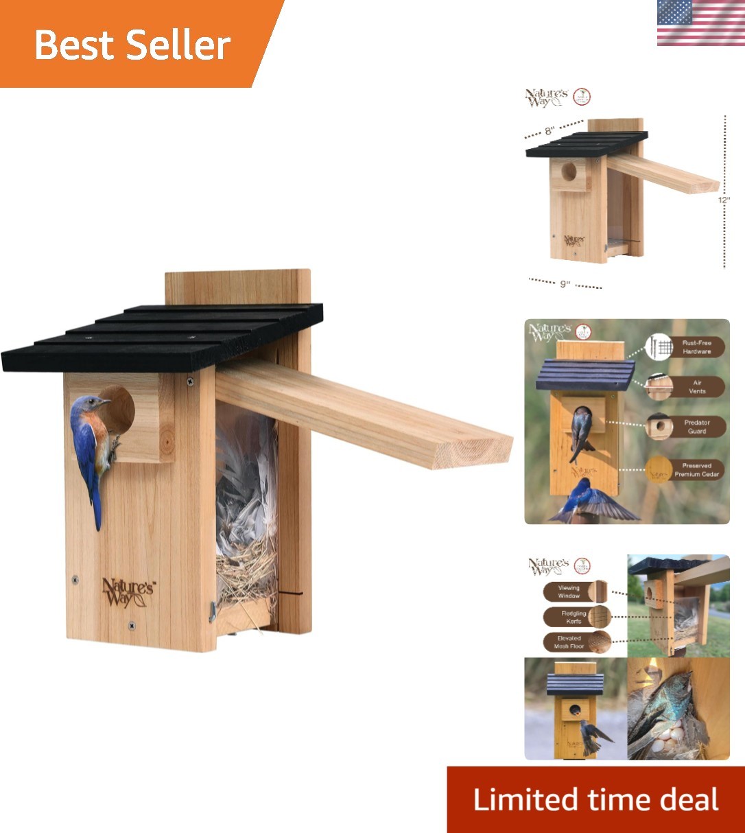 Cedar Bluebird House with Viewing Window & Predator Guard - 12" Tall gallery