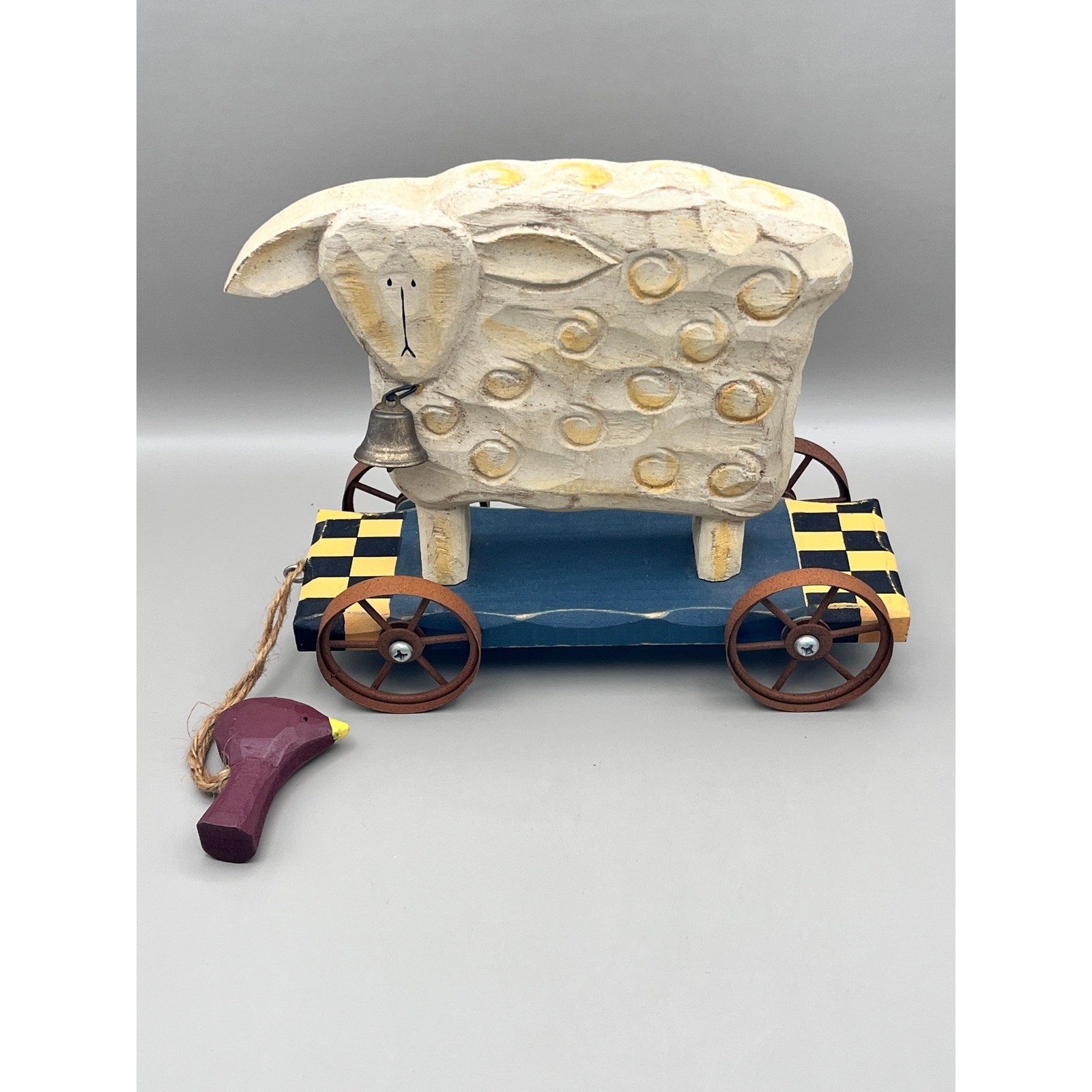 Primitive Americana Wooden Sheep Pull Toy Metal Wheels Bell Decor Farmhouse 7.5" gallery